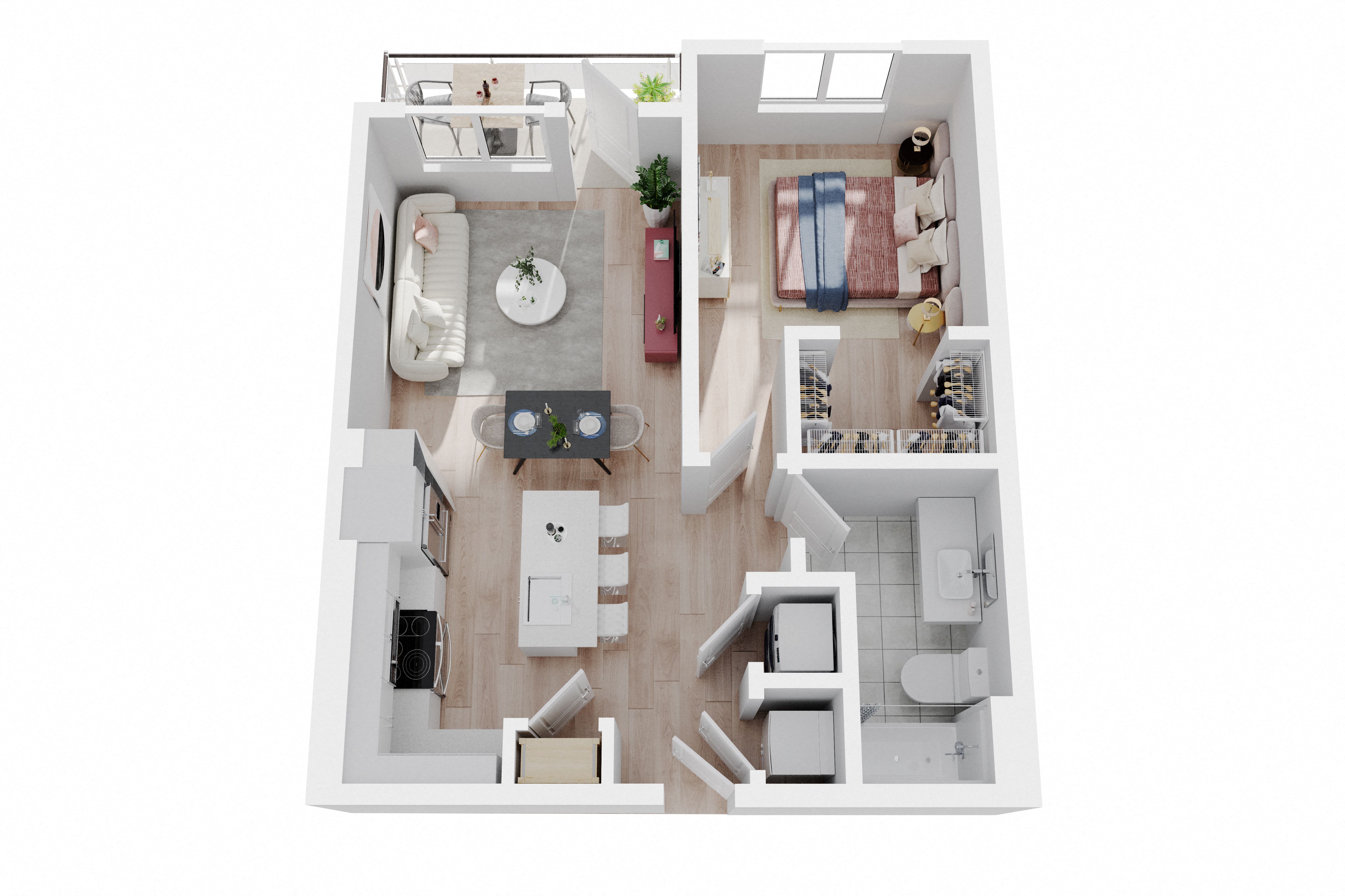 Floor plan for 1 bed, 1 bath, 766 sqft